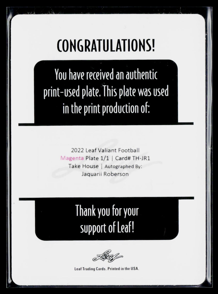 2022 Leaf Valiant TH-JR1 Jaquarii Roberson Take It House Magenta Plate 1/1 Auto