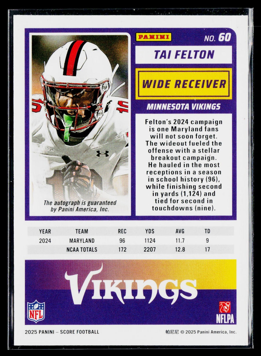 Score 2025 Score 60 Tai Felton Base Rookie Signatures Green / AU